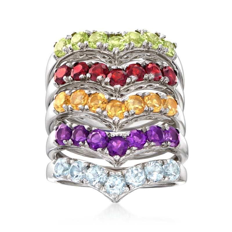 Sterling silver chevron multi-gem ring set, five bands with red, green, orange, purple, blue stones