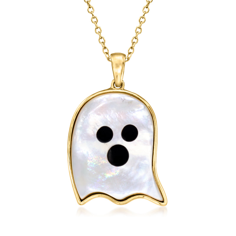 Gold chain ghost pendant with iridescent mother-of-pearl face and black enamel details