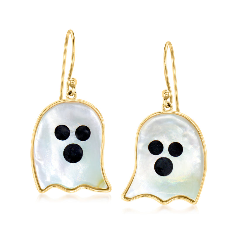 Mother-of-Pearl and Black Enamel Ghost Drop Earrings in 18kt Gold Over Sterling