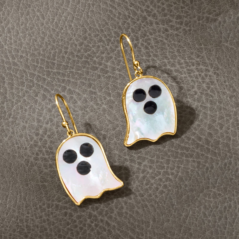 Mother-of-Pearl and Black Enamel Ghost Drop Earrings in 18kt Gold Over Sterling