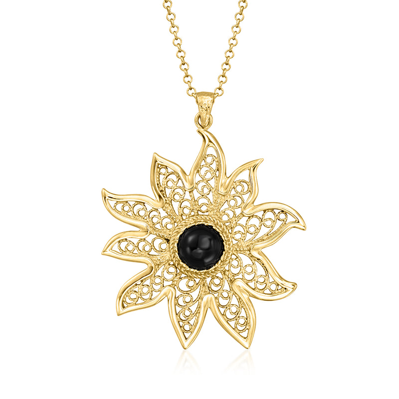 18kt gold over sterling filigree flower pendant necklace with black onyx center