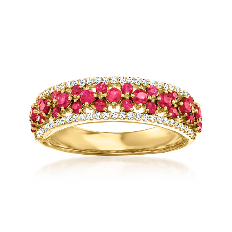 18kt yellow gold eternity ring with red rubies and clear diamond accents