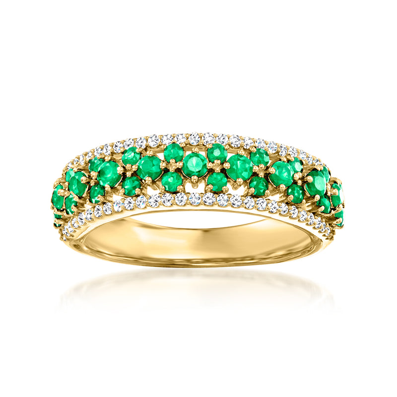 18kt yellow gold ring with emerald-green gemstones and diamond accents across the band