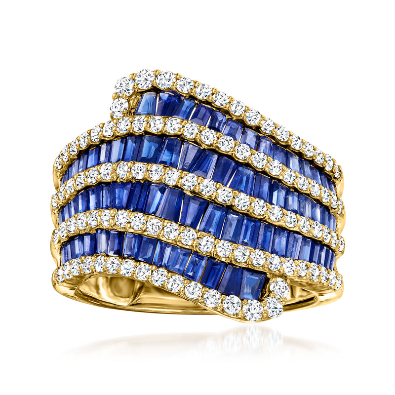 18kt yellow gold sapphire and diamond multi-row ring with blue baguette stones and diamond trim