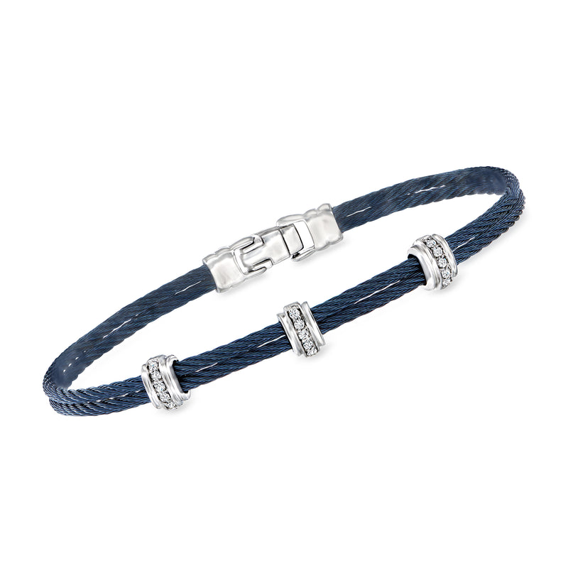 Blue braided cable bangle bracelet with white gold links and three diamond stations