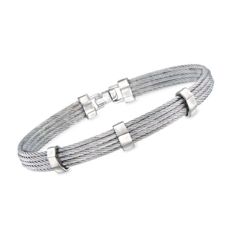 Men's gray stainless steel cable station bracelet with hinged clasp and square link stations