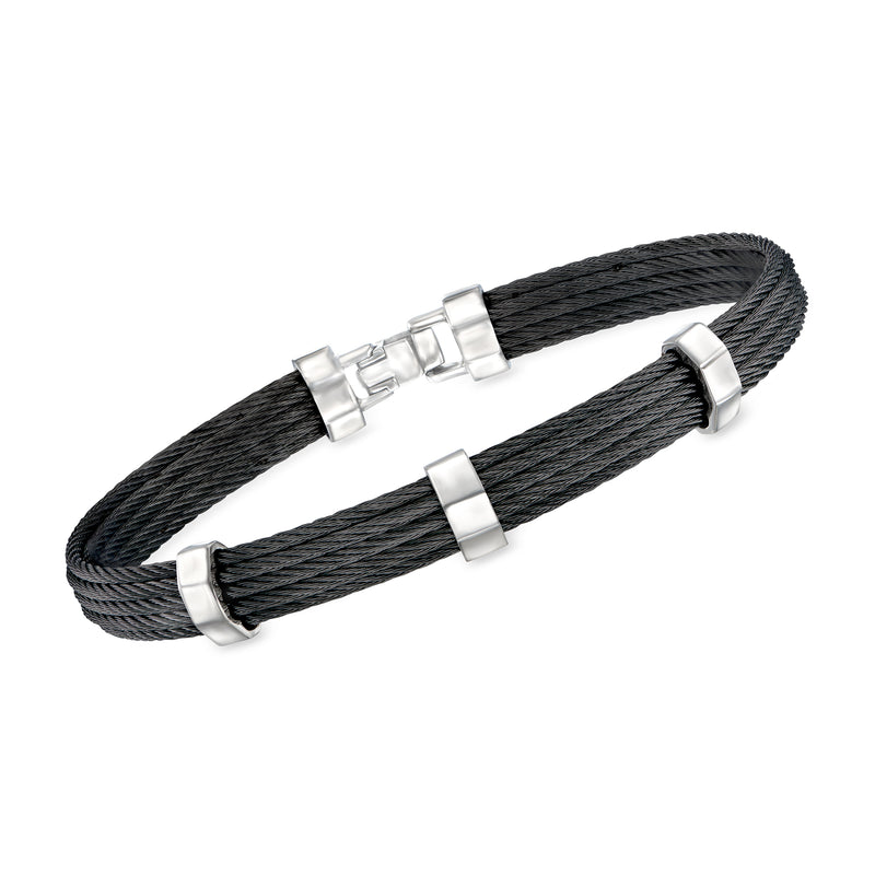Men's black woven station bracelet with shiny stainless steel clasp and links