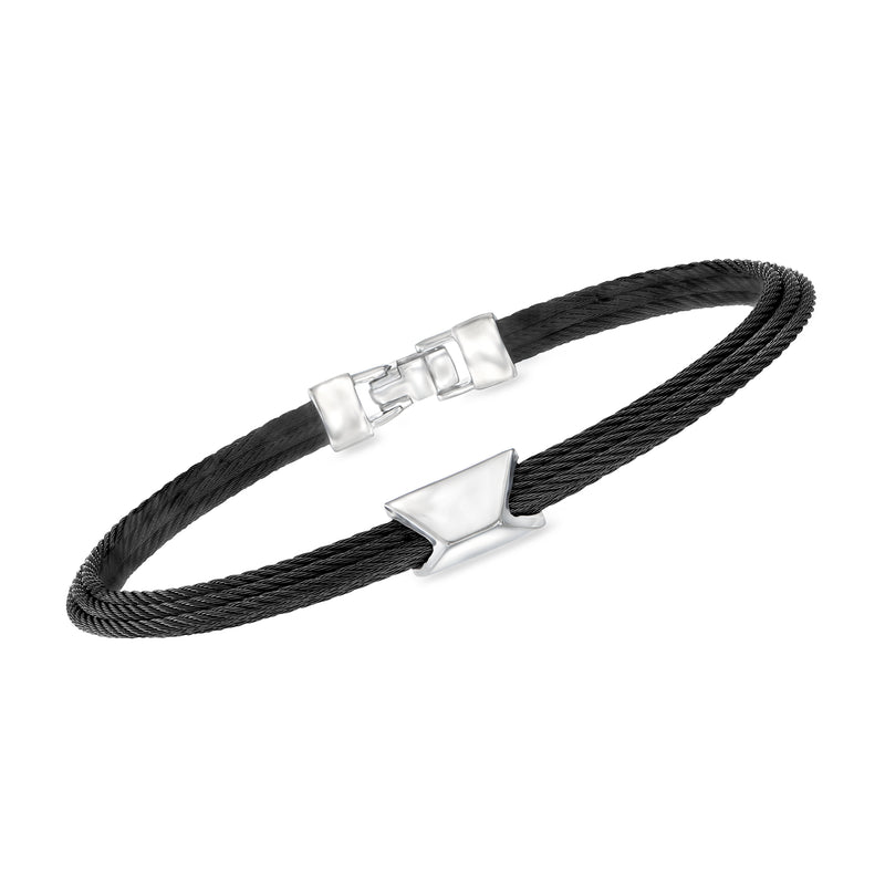 Mens black braided stainless steel cable geometric bracelet with silver clasp