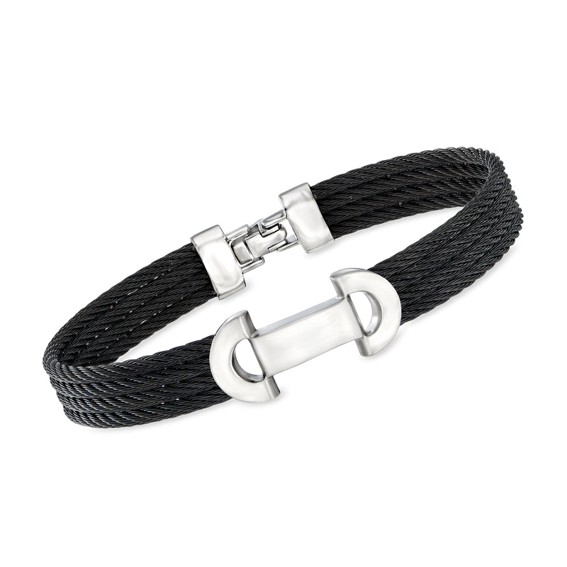 Men's black woven cable ID bracelet with stainless steel clasp and open tag