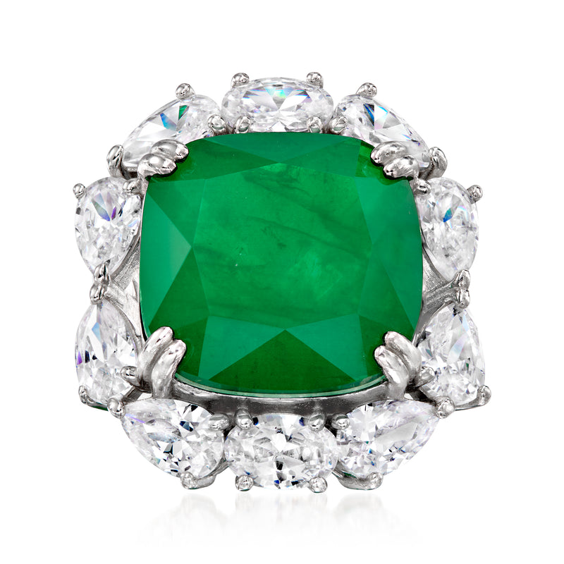 Sterling silver cocktail ring with large green simulated emerald center and CZ halo
