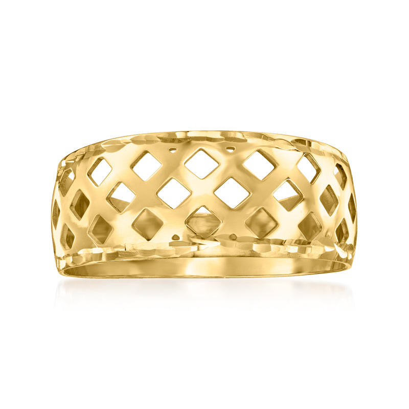 Yellow gold geometric cutout band ring with diamond lattice pattern