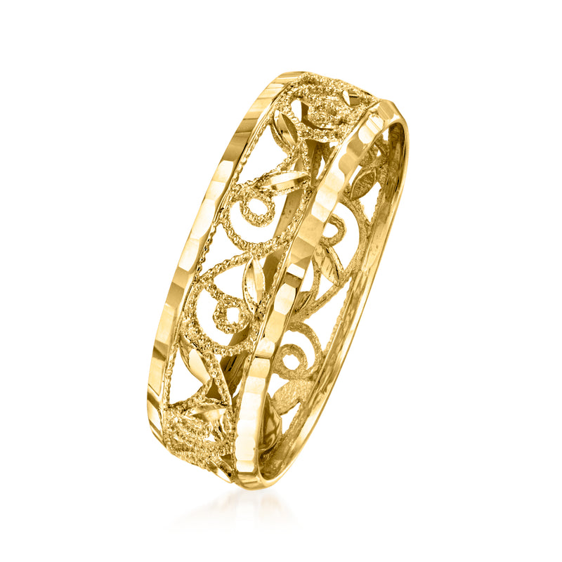 Yellow gold filigree leaf band ring, angled view showing openwork design