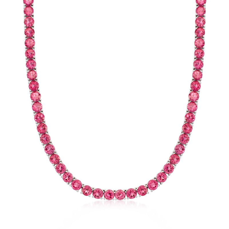 Sterling silver tennis necklace with round pink topaz stones, full length view