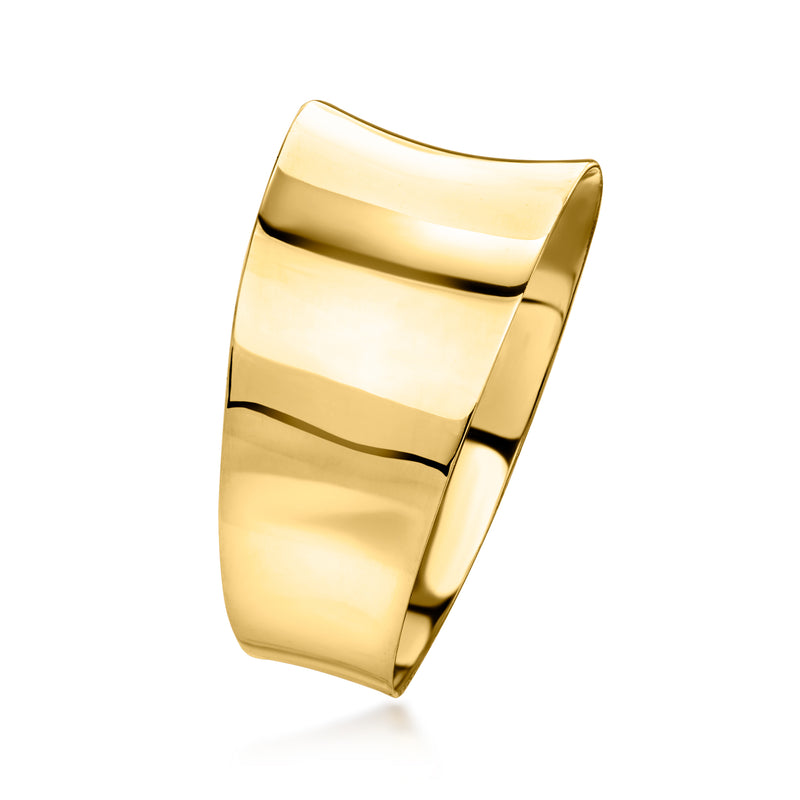 18kt yellow gold concave ring, curved front with polished sheen