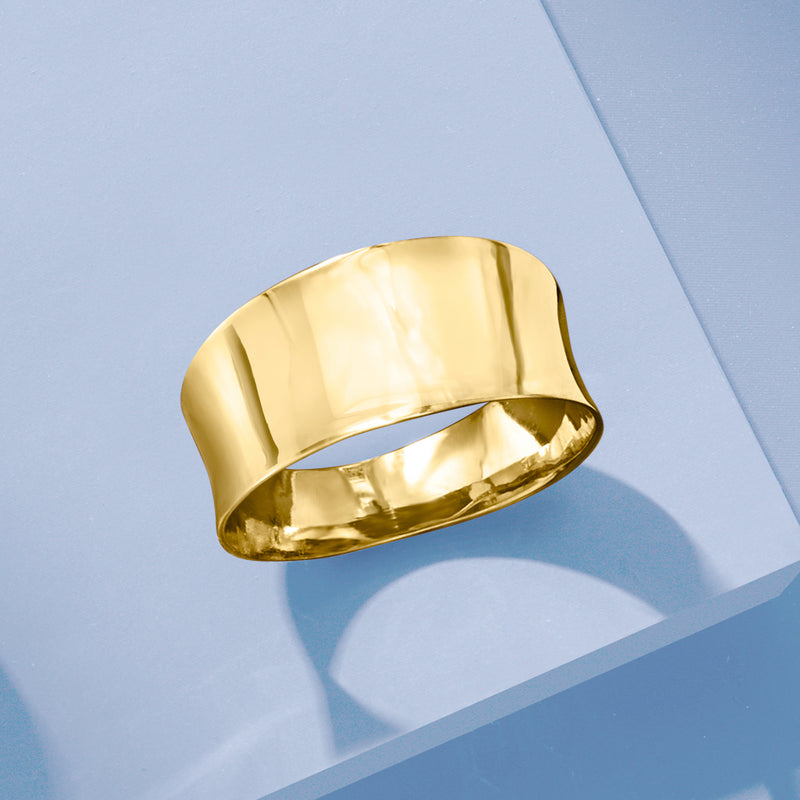 18kt yellow gold concave cuff-style ring with wide, rounded profile