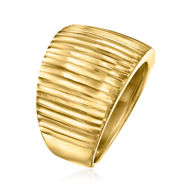 Yellow gold ribbed dome ring, side view showing scalloped ridges