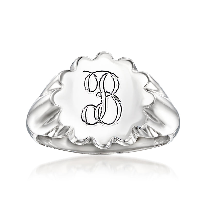 Sterling silver flower signet ring with engraved letter B, scalloped edges
