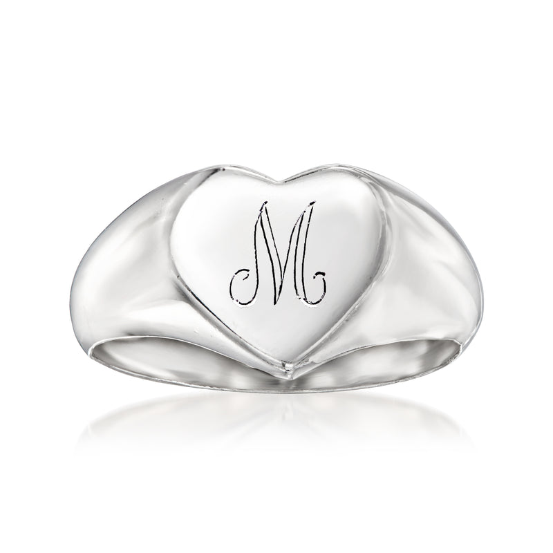 Personalized heart signet ring in sterling silver with engraved initials inside the heart