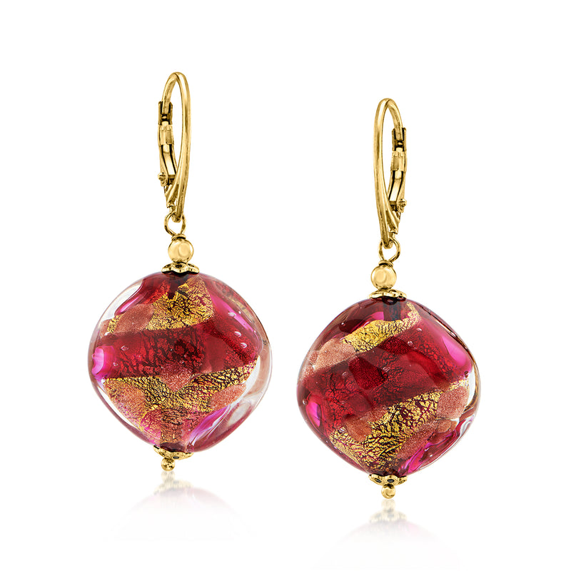 Gold leverback drop earrings with hot pink Murano glass beads