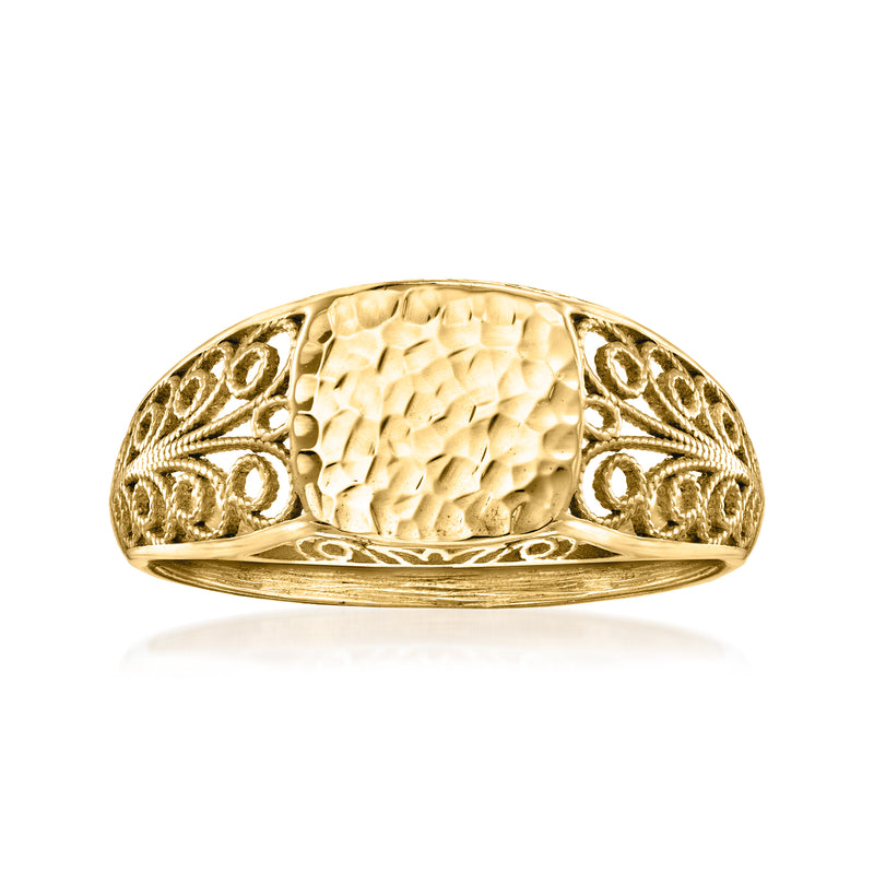 Gold-tone openwork filigree signet ring with textured oval top