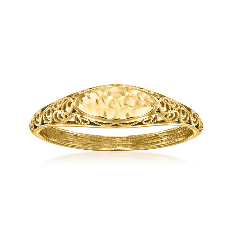 Gold oval signet ring with textured filigree sides and polished oval top
