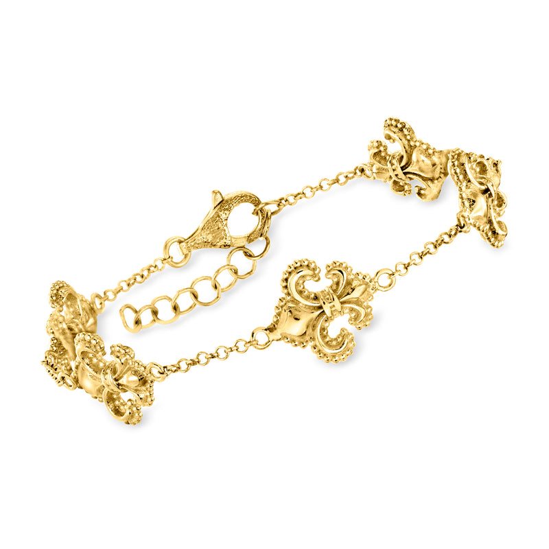 18kt gold over sterling bracelet with fleur-de-lis station charms and link chain