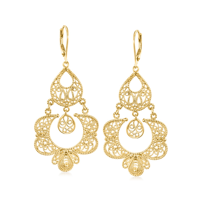 Gold filigree drop earrings with leverback, ornate chandelier design, teardrop cutouts.