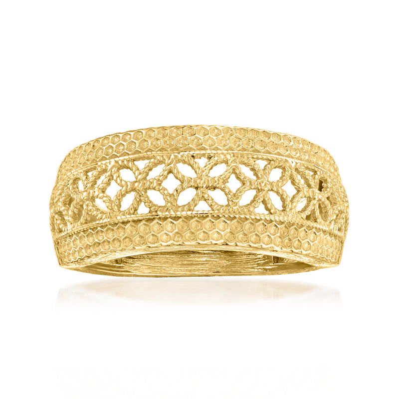 18kt gold over sterling floral filigree ring, wide band with openwork floral pattern