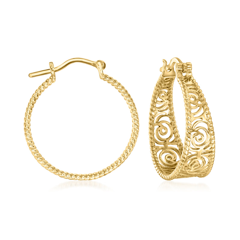 Gold tone cutout hoop earrings with scroll filigree pattern