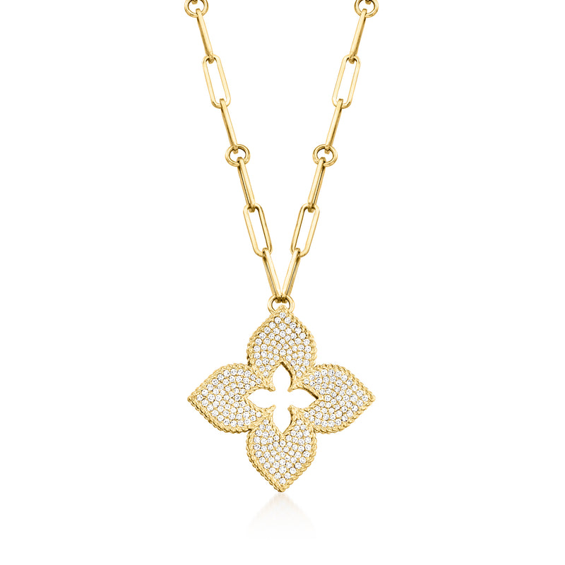18kt yellow gold diamond flower paper clip link necklace with clover-like pendant