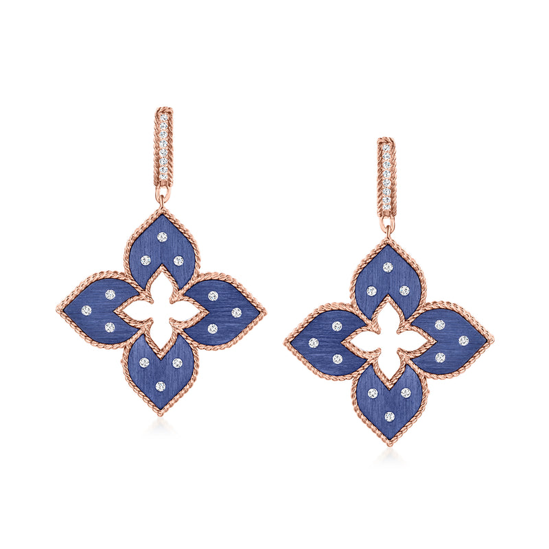 Rose gold and blue flower drop earrings with diamond accents