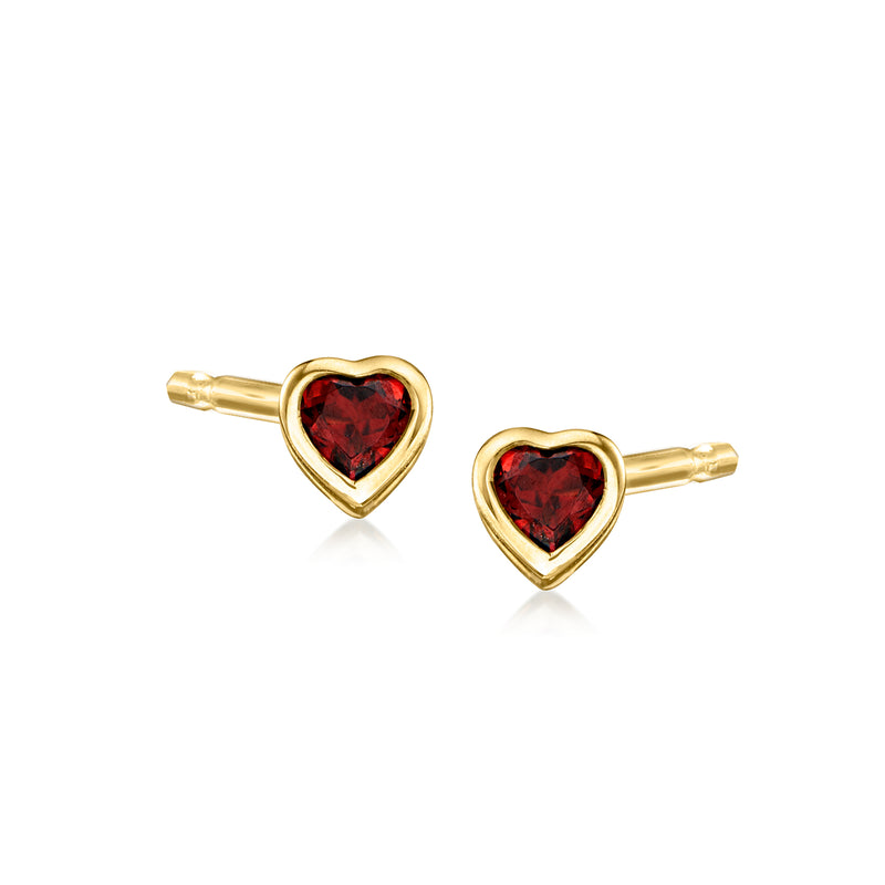 14kt yellow gold heart garnet stud earrings with red gemstone hearts