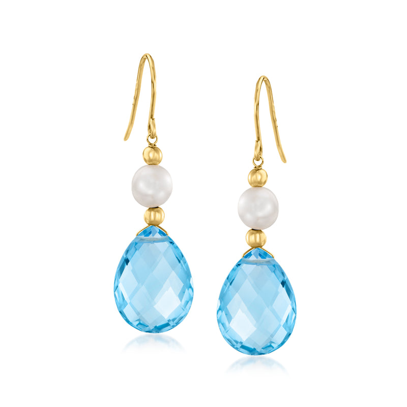 14kt yellow gold drop earrings with white cultured pearl and Swiss blue topaz teardrop