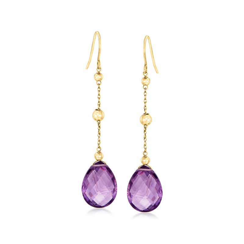 14kt yellow gold drop earrings with purple amethyst teardrop and bead stations
