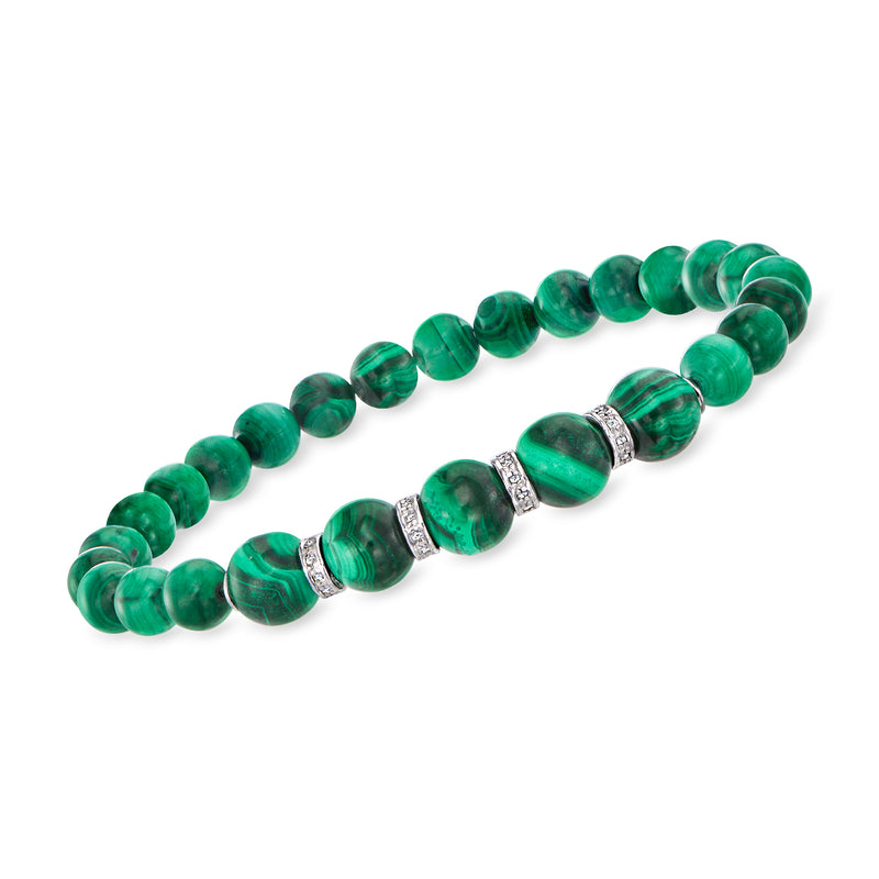 Malachite bead stretch bracelet with sterling silver diamond accents