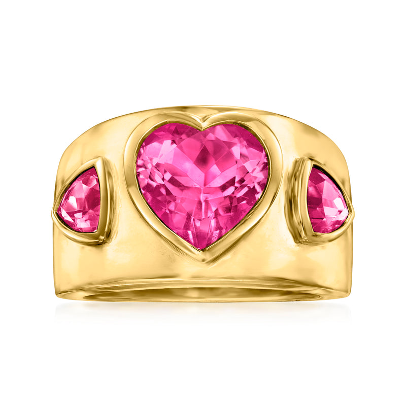 Gold over sterling ring with pink heart gemstone center and two side pink stones