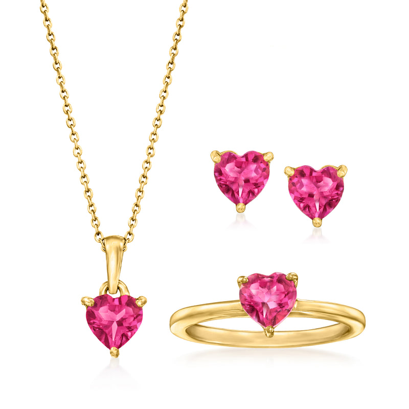 Gold heart gemstone jewelry set in pink topaz: pendant necklace, stud earrings, ring