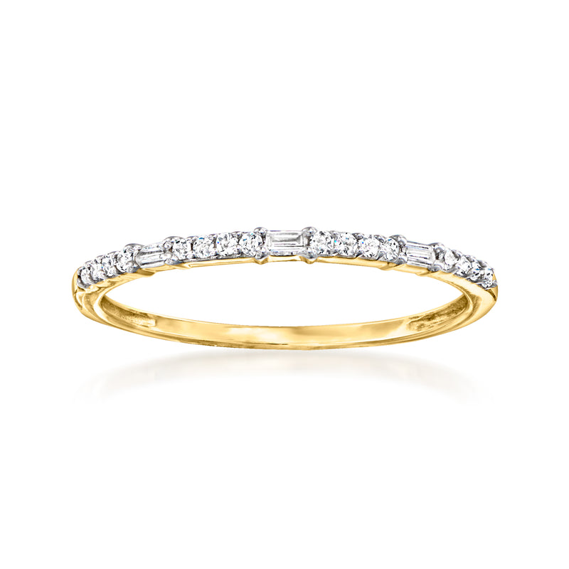 14kt yellow gold diamond band ring with round and baguette stones