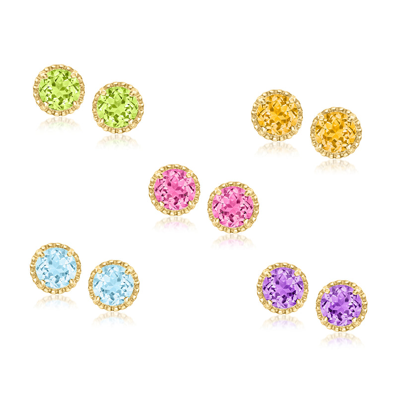 Gold-tone multi-gemstone stud earrings set with five pairs: green, yellow, pink, blue, purple