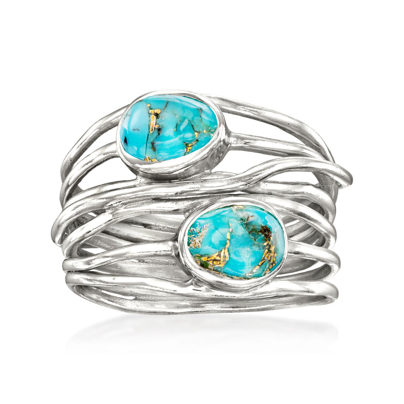 Sterling silver wrap ring with two oval turquoise cabochons and swirling bands