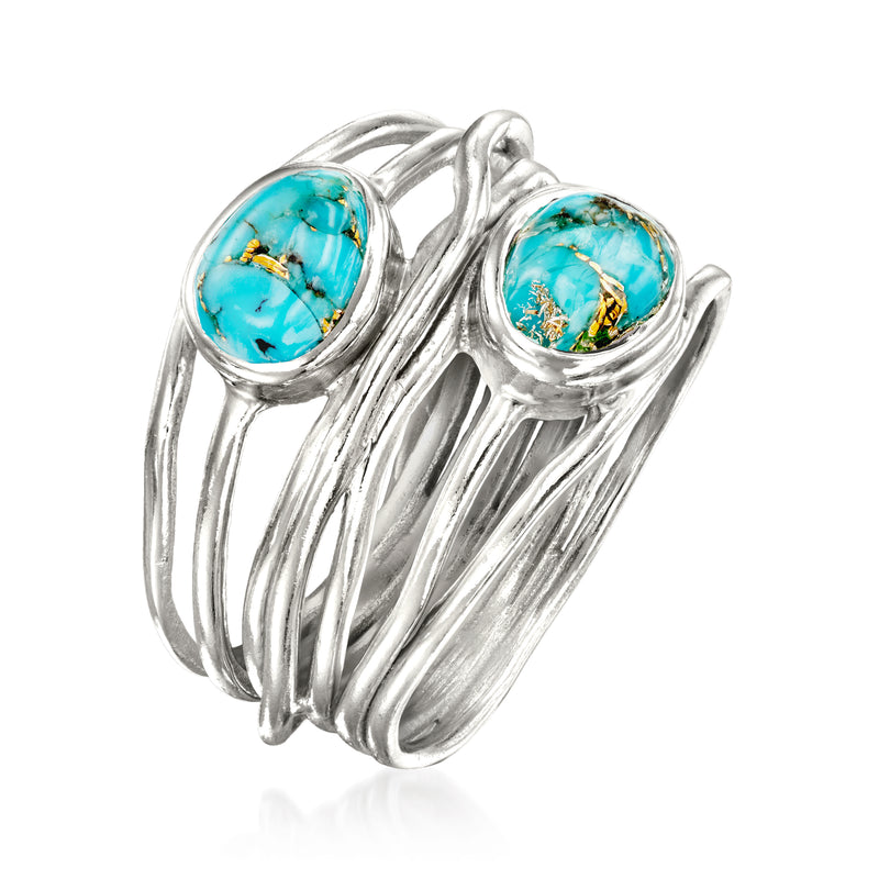 Sterling silver cuff ring with two oval turquoise cabochons and braided bands