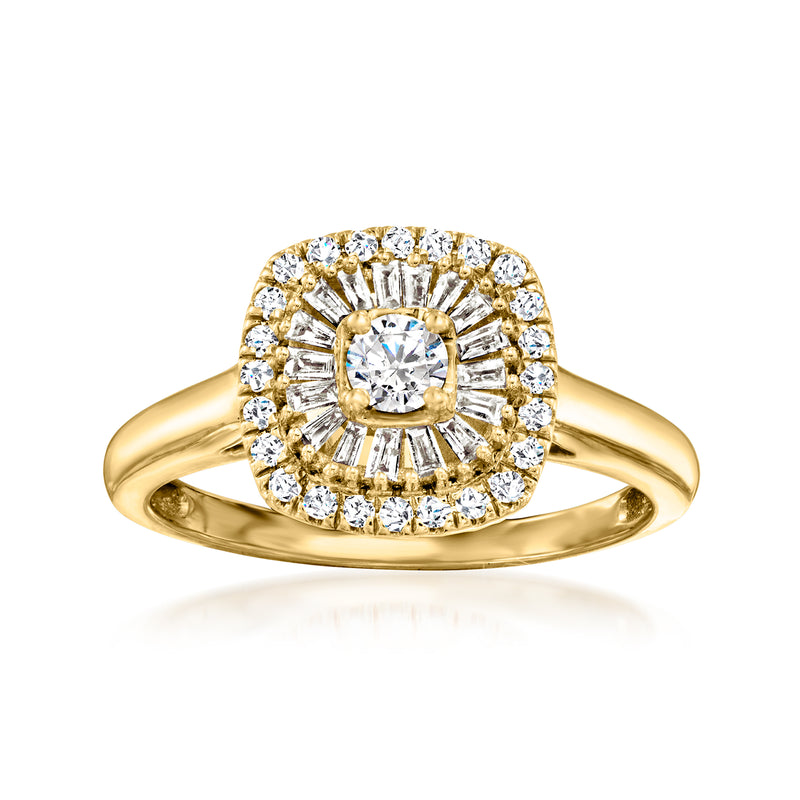14kt yellow gold halo ring with round center diamond and baguette halo