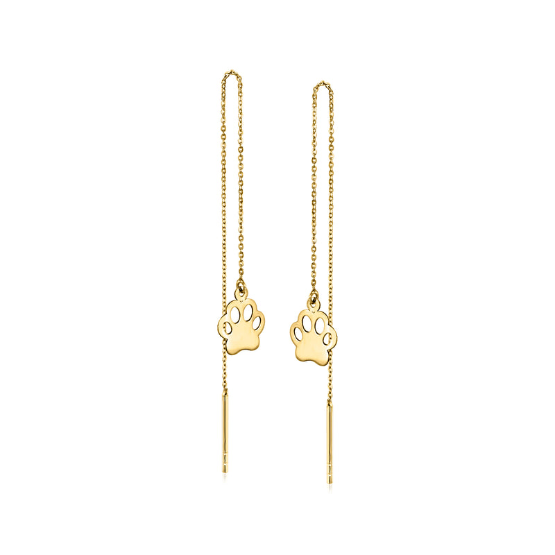 14kt yellow gold paw print threader drop earrings with long chain and dangling paws