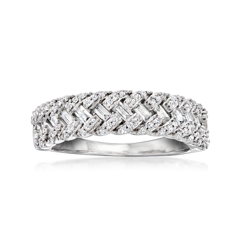 14kt white gold diamond basketweave ring with baguette and round stones