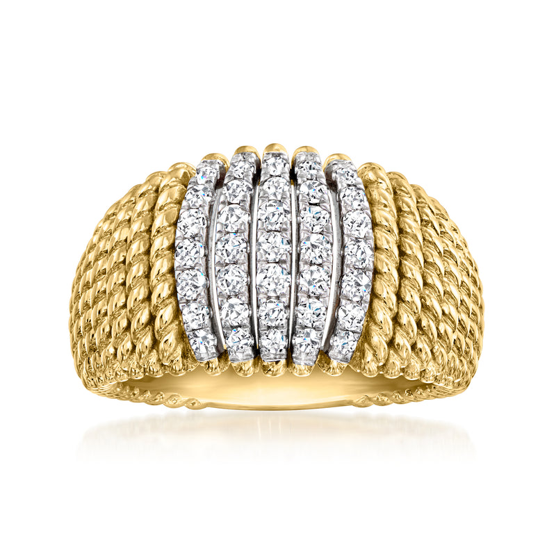 Twisted-row gold over sterling ring with six clear stone settings in a half-circle