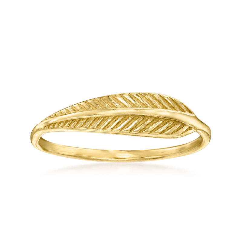 14kt yellow gold feather motif ring with smooth gold band