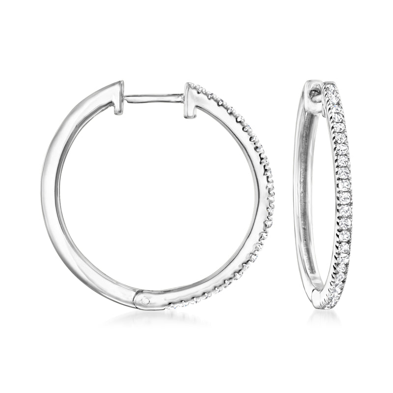 Sterling silver diamond hoop earrings, front and side view