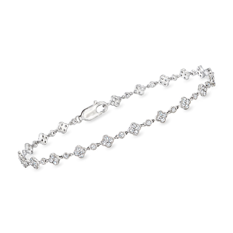 14kt white gold diamond clover-link bracelet with round prong-set stones
