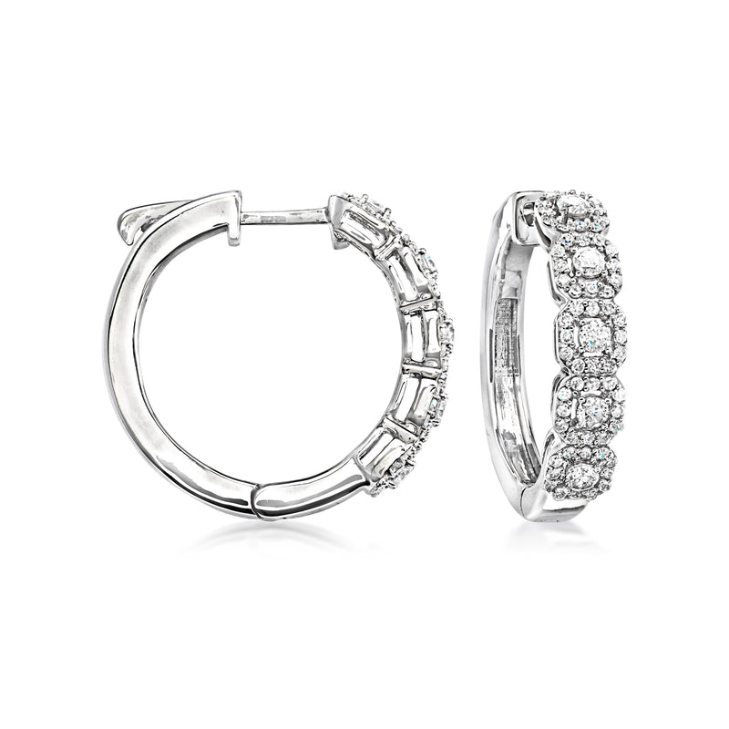 Sterling silver hoop earrings with octagonal diamond station accents, hinged back