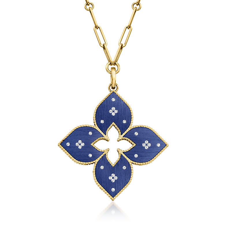 Roberto Coin diamond flower necklace, blue enamel clover pendant on 18kt yellow gold chain
